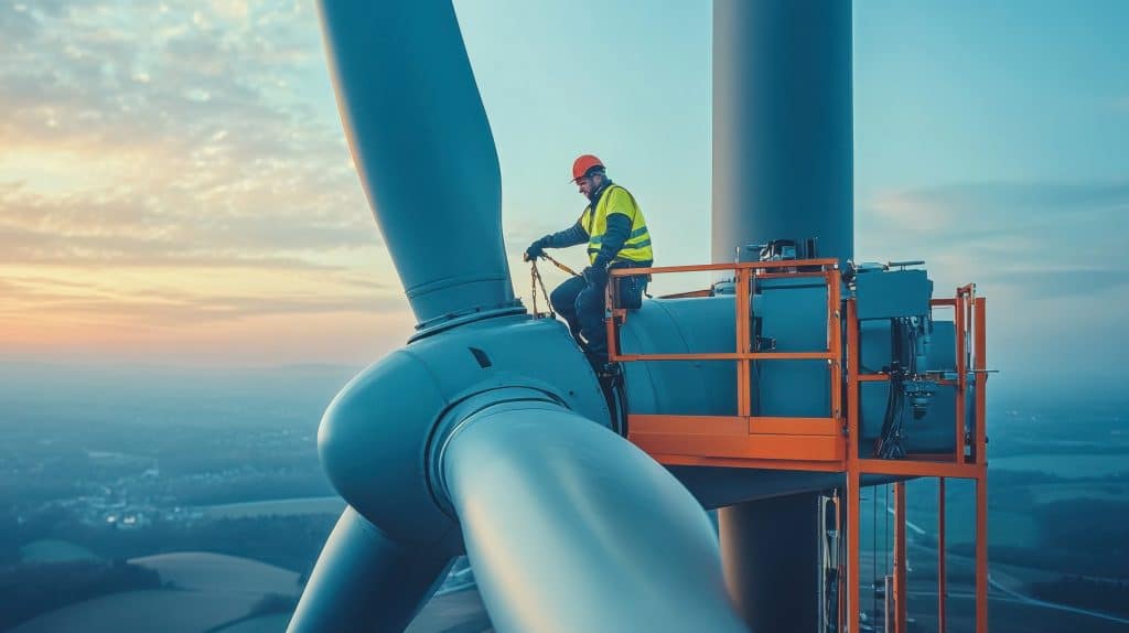 A close-up of a wind turbine blade during maintenance, with a technician inspecting it from a crane.