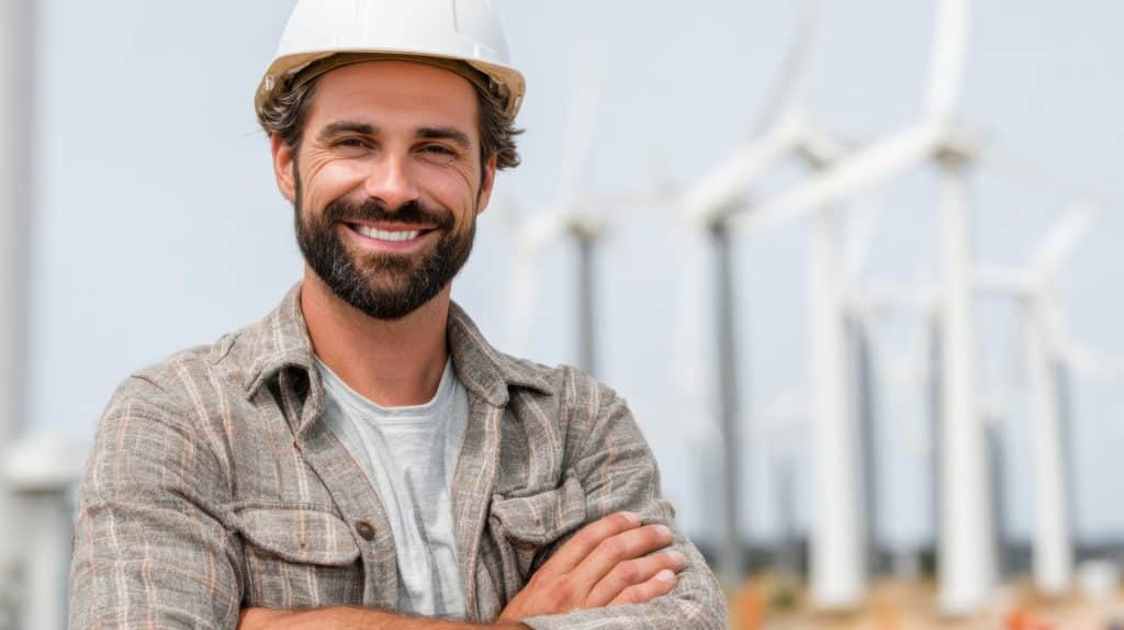 Confident Worker Stands Smiling in Front of Wind Turbines at a Sustainable Energy Farm on a Sunny Day