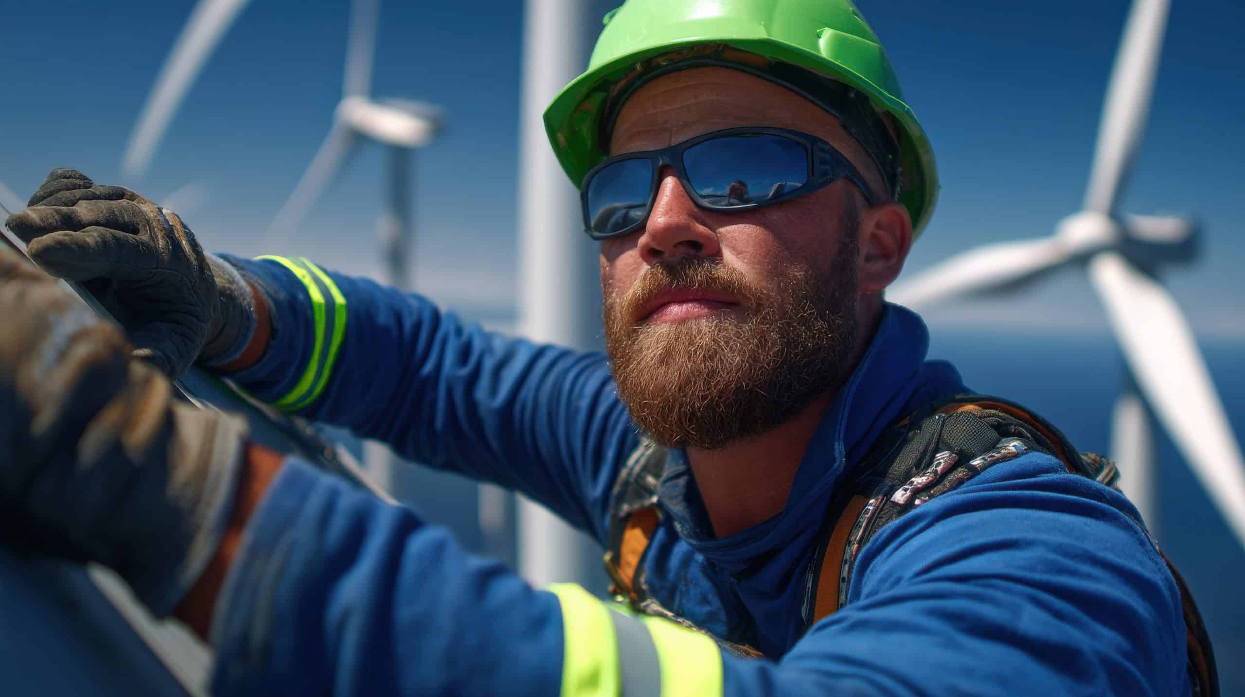 A man with a beard and a green hard hat is working on a wind turbine