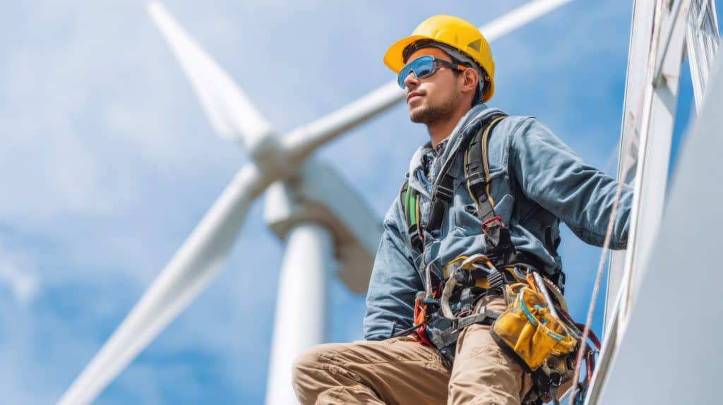 FIFO vs DIDO: Which Remote Work Setup Suits Renewable Energy Projects in Australia? (Vinova Guide) 2 Man in Protective Workwear Sits on a Wind Turbine Against a Blue Sky; Wearing a Hardhat, Harness and Safety Glasses