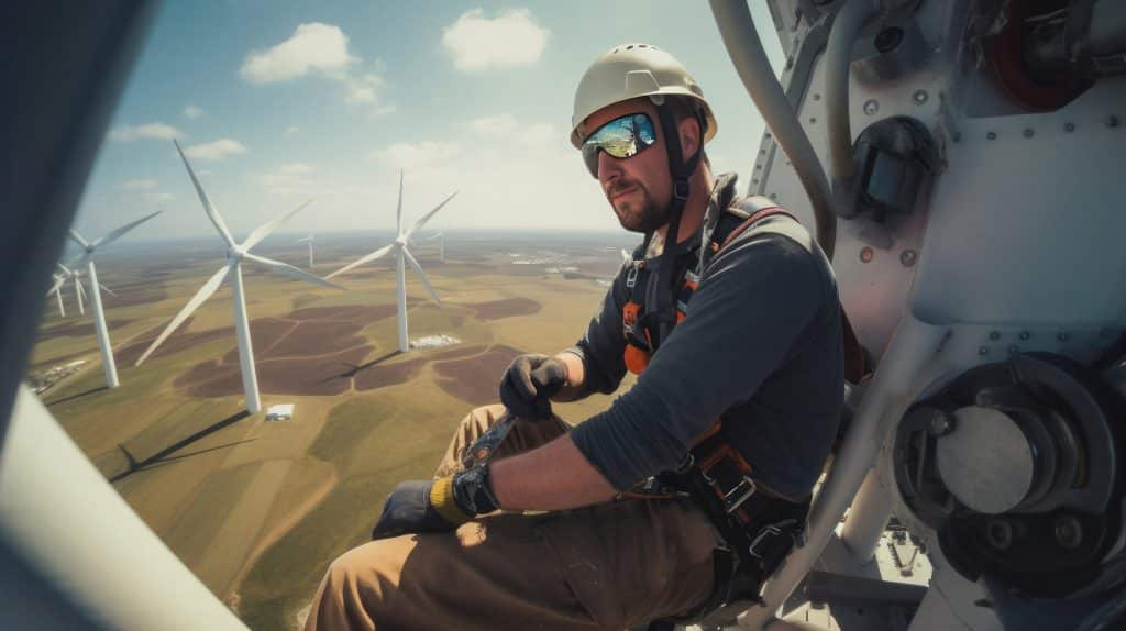 FIFO vs DIDO: Which Remote Work Setup Suits Renewable Energy Projects in Australia? (Vinova Guide) 1 A man working above a wind turbine in a harness.