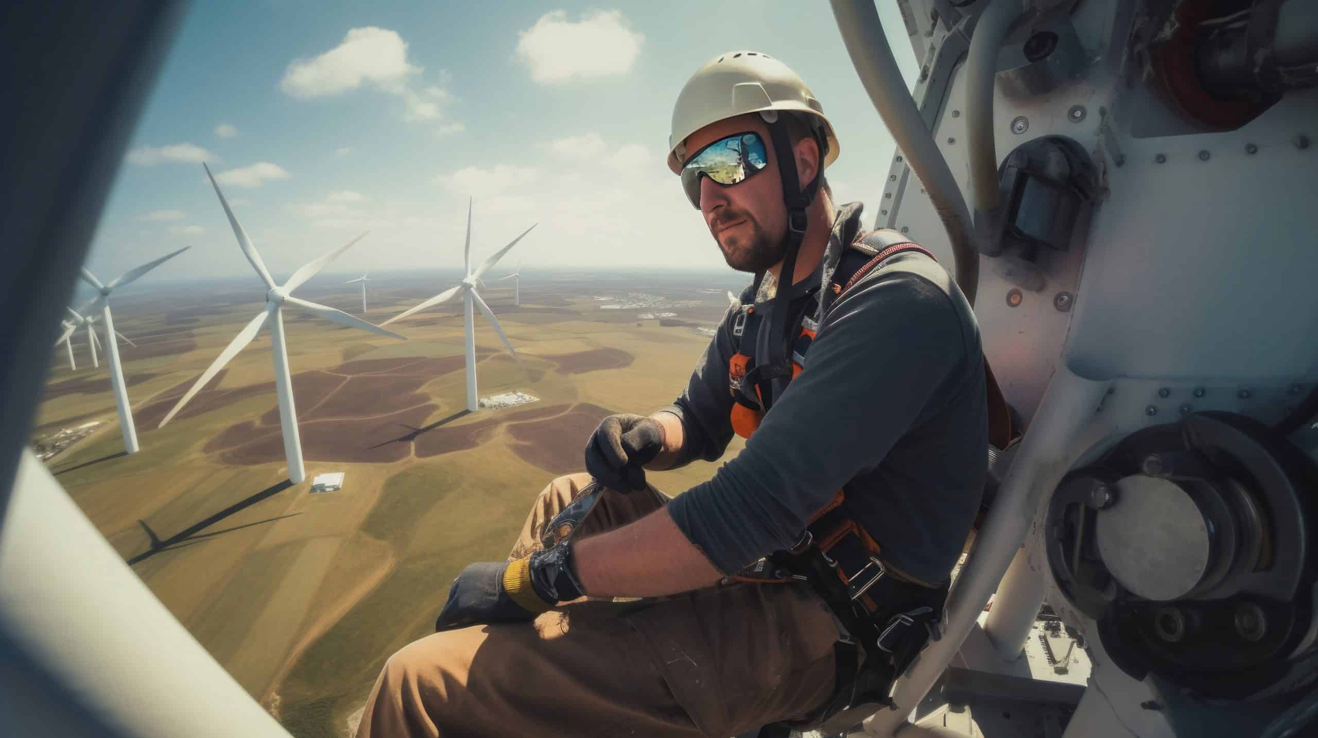 A man working above a wind turbine in a harness.