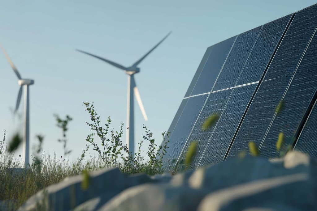 Solar panels in a grassy field with wind turbines in the background, representing renewable energy generation.