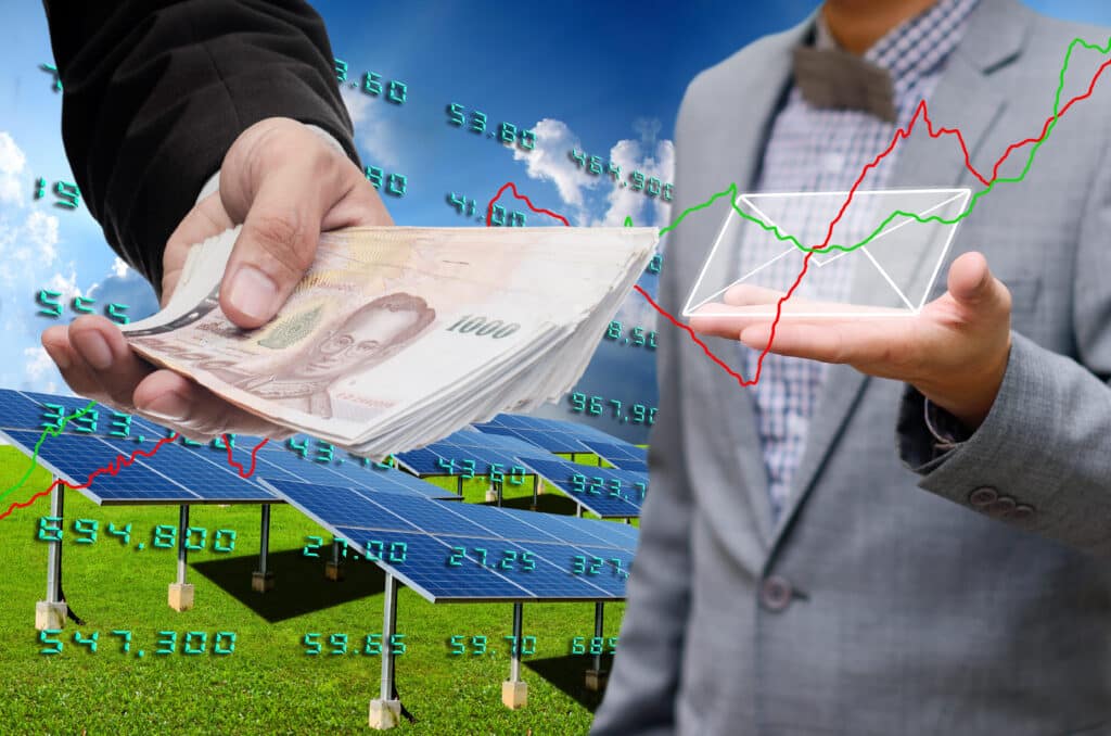 Businessperson handing over cash with solar panels and financial charts in the background, symbolizing investment and profits in renewable energy.