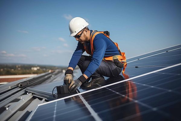 A sleek, professional office environment centered around careers in renewable energy. A large screen displays job openings in solar, wind, and sustainable infrastructure, highlighting roles such as project managers, engineers, and environmental consultants. A recruiter and candidate sit across from each other, engaged in a focused conversation about career paths and industry opportunities. Nearby, shelves hold career development guides and training resources related to the energy sector. The setting is clean and modern, designed to support meaningful conversations about future-focused employment. The atmosphere emphasizes growth, innovation, and the increasing demand for skilled professionals in the renewable energy industry.